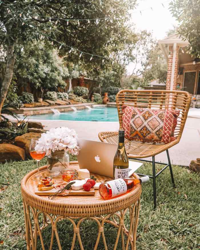 Chacuterie board set up outside by the pool